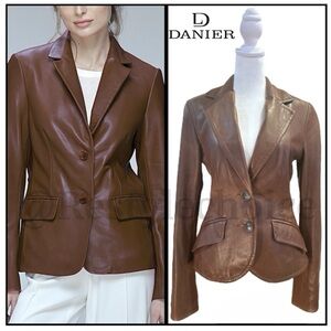 VINTAGE DANIER BROWN PROFESSIONAL LEATHER BUTTON JAKCET WOMEN 100% acetate